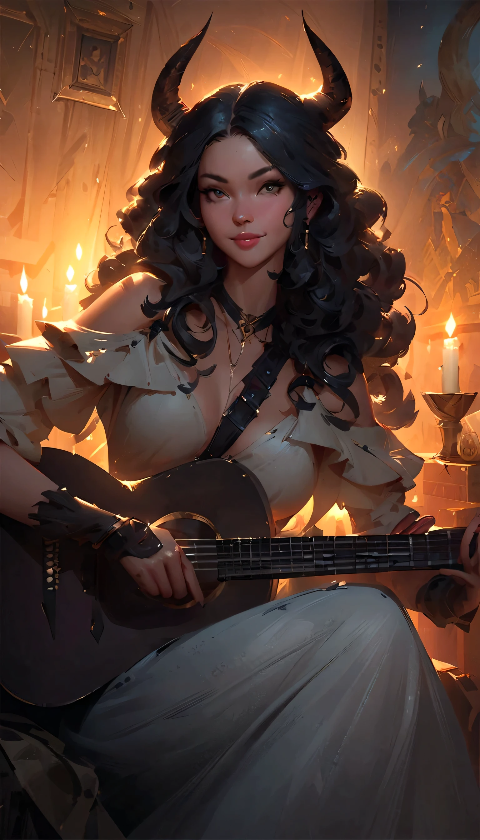 a woman with horns playing a guitar in a room with candles, artwork in the style of guweiz, artgerm and atey ghailan, guweiz, guweiz masterpiece, guweiz on pixiv artstation, ross tran 8 k, guweiz on artstation pixiv, by Ross Tran, Smiling, Curly hair