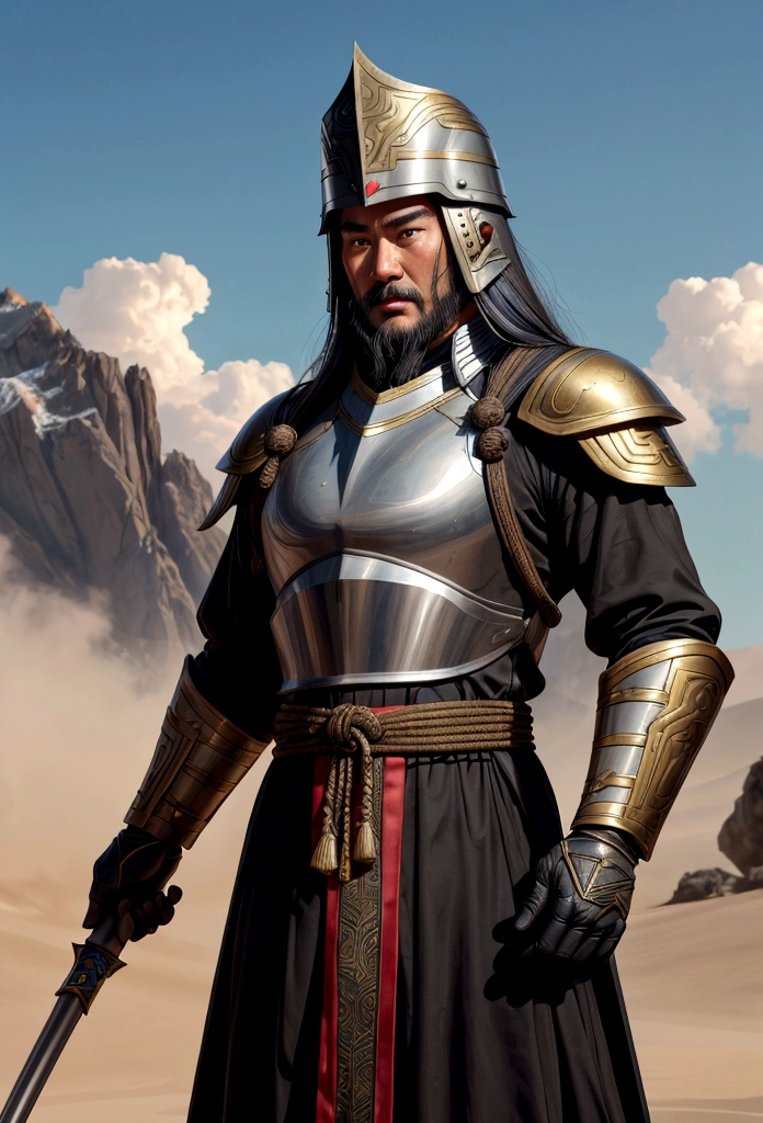 There are many people in helmets and uniforms on the scene, detailed shoot, Detailed cinematic rendering, 4K post, 4K post, Still in live action movies, movie stills 8k, still in fantasy movies, Genghis Khan, Sergey Javelin, shoot!, 8K movie stills, Guan Yu, Zhaoyun