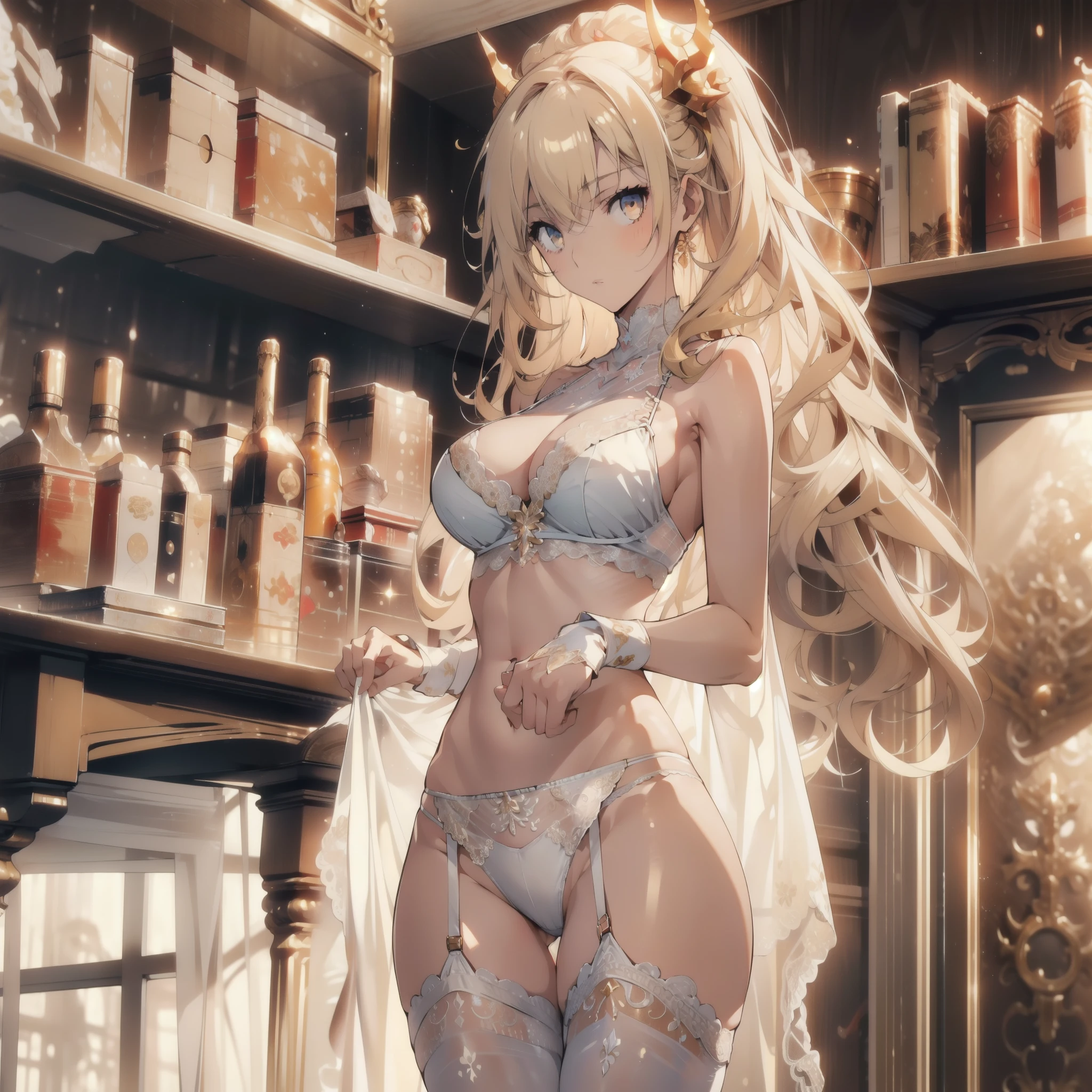 ((masterpiece, best quality)), Delicate face，fighter，whole body，Standing picture，Long legs，Large Breasts，Gradient long wavy hair，Perfect body proportions，Pretty golden eyes，Extremely beautiful，transparent， Pure white background，cloud，Dragon Soul，Erotic_lingerie，Sexy_Bikini，Lace，Garter stockings