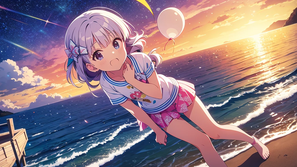 Una linda camisa blanca que la deja ver. 、Falda de vuelo celeste con volantes、Se levanta la falda con ambas manos para lucir su linda ropa interior blanca.、Linda ropa interior blanca visible cuando se levanta la falda.、Playa de arena, Mar hermoso, noche y cielo estrellado