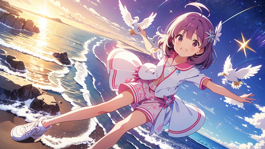 Una linda camisa blanca que la deja ver. 、Falda de vuelo celeste con volantes、Se levanta la falda con ambas manos para lucir su linda ropa interior blanca.、Linda ropa interior blanca visible cuando se levanta la falda.、Playa de arena, Mar hermoso, noche y cielo estrellado