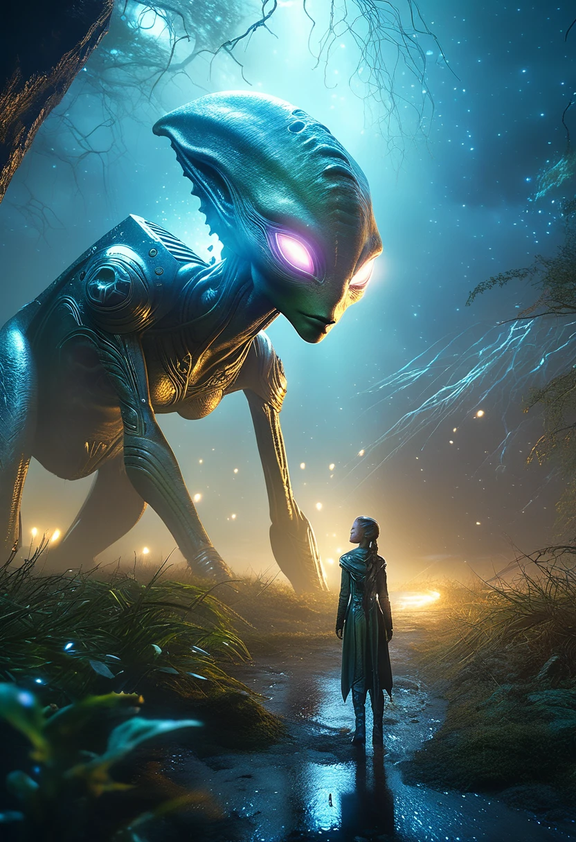a high quality professional photo of Danligur, Eva emerging next to a fallen alien, surreal, fantasy art, dark and mysterious, glowing elements, magic spells, glowing eyes, misty atmosphere, dramatic lighting, detailed textures, cinematic, high detail, digital painting, 4k