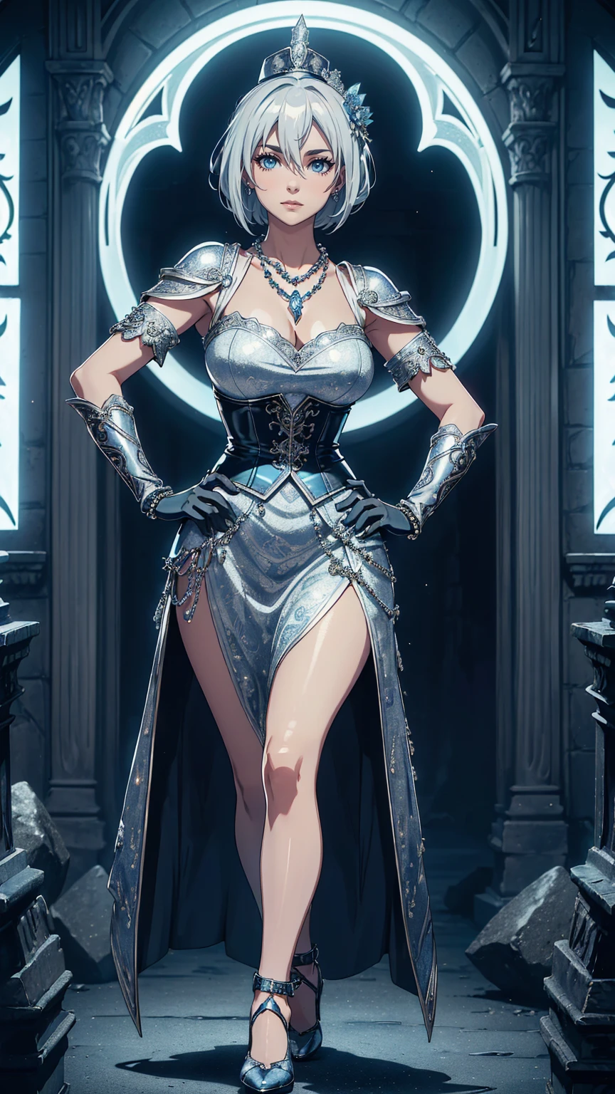 最high quality、Ultra High Definition, Ultra High Quality, Hyper Definition, Hyper Quality, Hyper Detailed, Extremely Detailed, Perfectly Detailed, Best image quality、masterpiece、woman((40-year-old、Hand on Hip Pose,  Blue glowing eyes, Silver Short Curve Hair、Disheveled Hair、Curve White Hair、Women's Victorian Dress,  Lips, Shoes On Heels, Long Gloves, Strict Expression, Stone Necklace Bead)),high quality、Beautiful art、background((Inside the mansion))、Written boundary depth、movie、Visual Arts、Perfect art、8K,Genuine、
