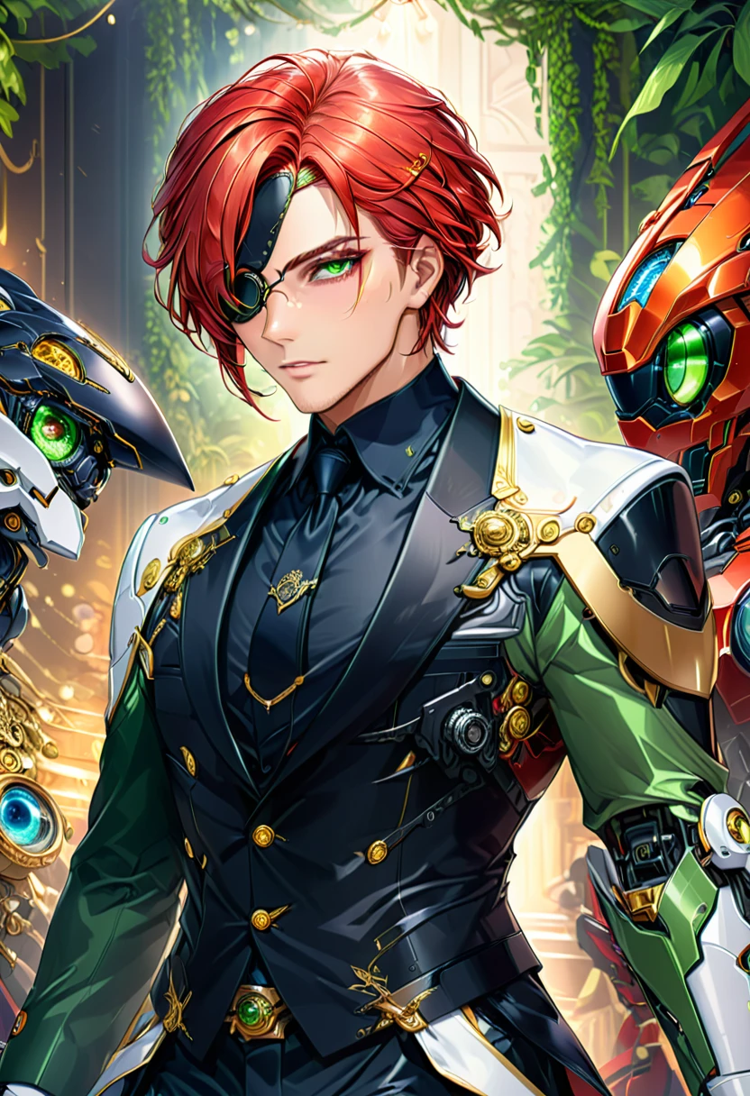 Arafed a picture of a human male spy, wearing dark suit, wearing ((mecha eye patch)), ((eye patch covering only one eye: 1.5))exquisite beautiful male, red hair, short crop hair, green eyes, eye patch has intricate mechanical part in it, high society gala event background, (Masterpiece: 1.5), 16k, highres, best quality, high details, ultra detailed, masterpiece, best quality, (extremely detailed), Mechanical Creatures