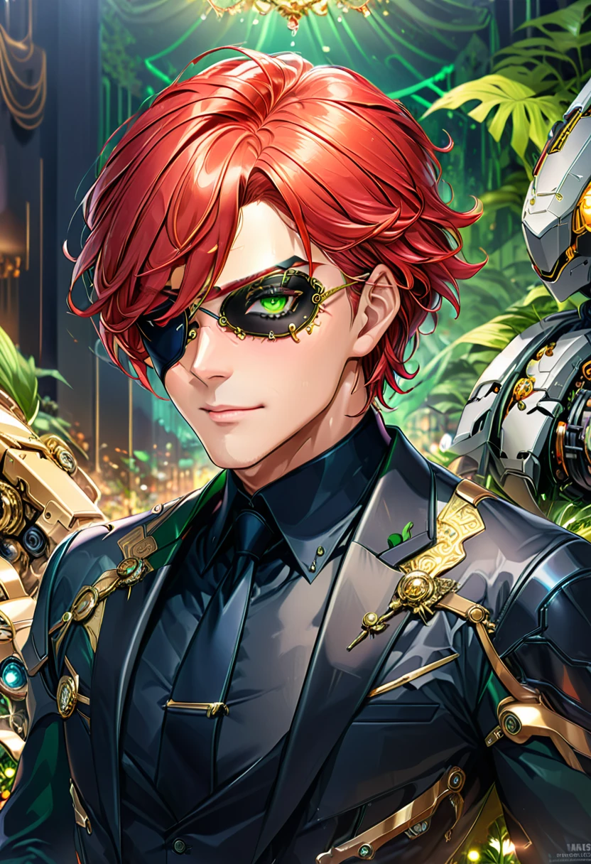 Arafed a picture of a human male spy, wearing dark suit, wearing ((mecha eye patch)), ((eye patch covering only one eye: 1.5))exquisite beautiful male, red hair, short crop hair, green eyes, eye patch has intricate mechanical part in it, high society gala event background, (Masterpiece: 1.5), 16k, highres, best quality, high details, ultra detailed, masterpiece, best quality, (extremely detailed), Mechanical Creatures