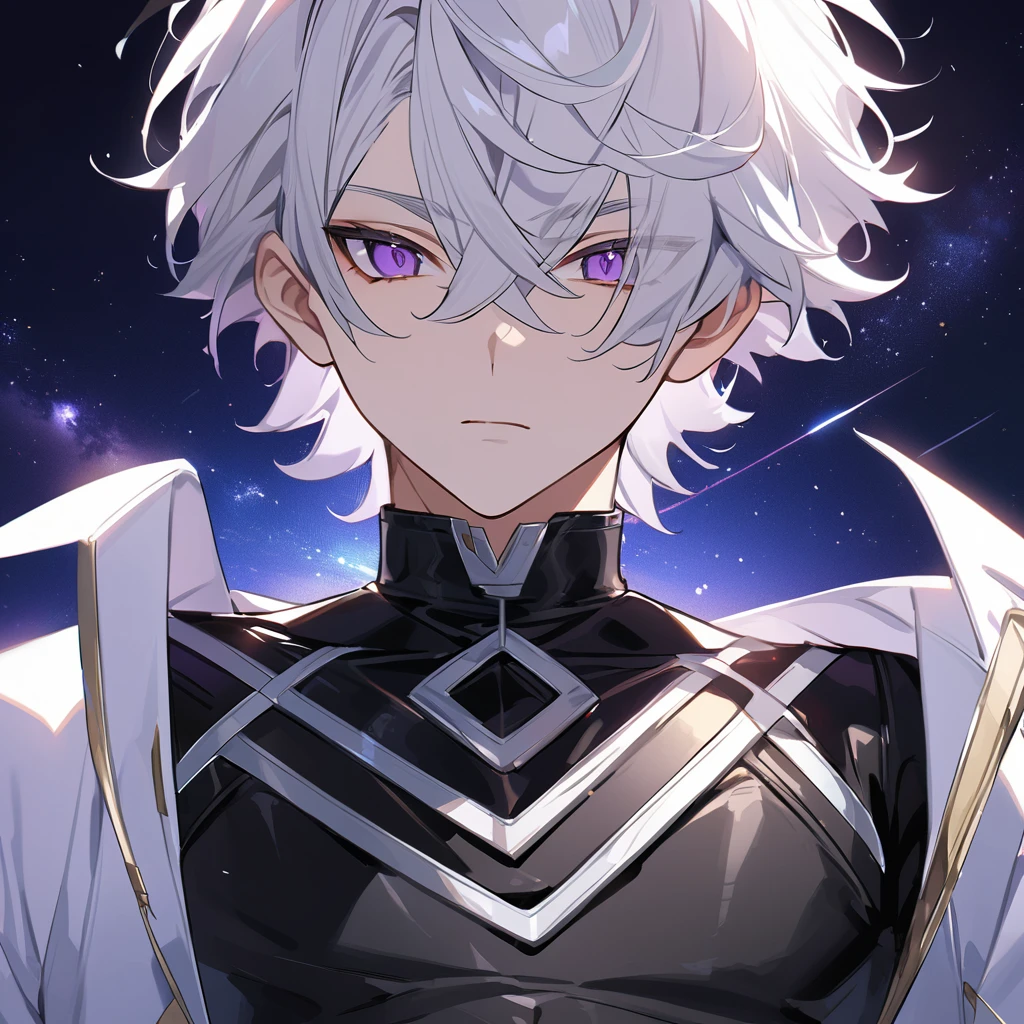 High quality, HD, 4k, handsome male, 1male, 17 years old, teenager, golden lining, short white hair, sharp eyes, dark purple eyes, deep purple eyes, devil may cry, close up, calm expression, stoic expression, black leather clothes, white leather clothing, lean body, upper body, looking at viewer, cowboy shot, white solar, space background