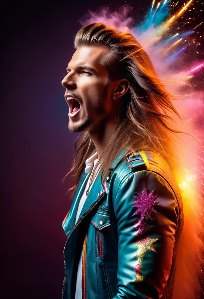cyberpunk styled male artist (singer), mouth closed, (rockstar), long hair, brown hair, (best image quality,4K,8k,HD,Meisterwerk:1.2),Super detailliert,look into the camera, (lebensecht,lebensecht,lebensecht:1.37)。Kreative Tapetengestaltung,extremely beautiful,Buntes Konfetti explodiert wie Feuerwerk,(((young male singer,screaming in the mic,Buntes Konfetti spritzt aus dem Schlagzeug,Tanzen Sie zur Musikmelodie)))Energetische Bewegung,Dynamische und kraftvolle abstrakte Kunst,Bunt,Lebendige Regenbogenfarben,Cheerful and lively atmosphere,leuchtendes Orange,Rosa,Whimsical and dreamy,dunkler Hintergrund