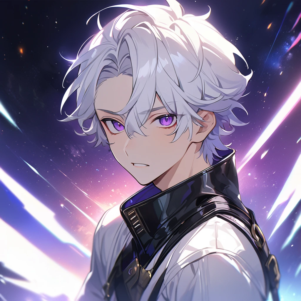 High quality, HD, 4k, handsome male, 1male, 17 years old, teenager, golden lining, short white hair, sharp eyes, dark purple eyes, deep purple eyes, devil may cry, close up, calm expression, stoic expression, black leather clothes, white leather clothing, lean body, upper body, looking at viewer, cowboy shot, white solar, space background
