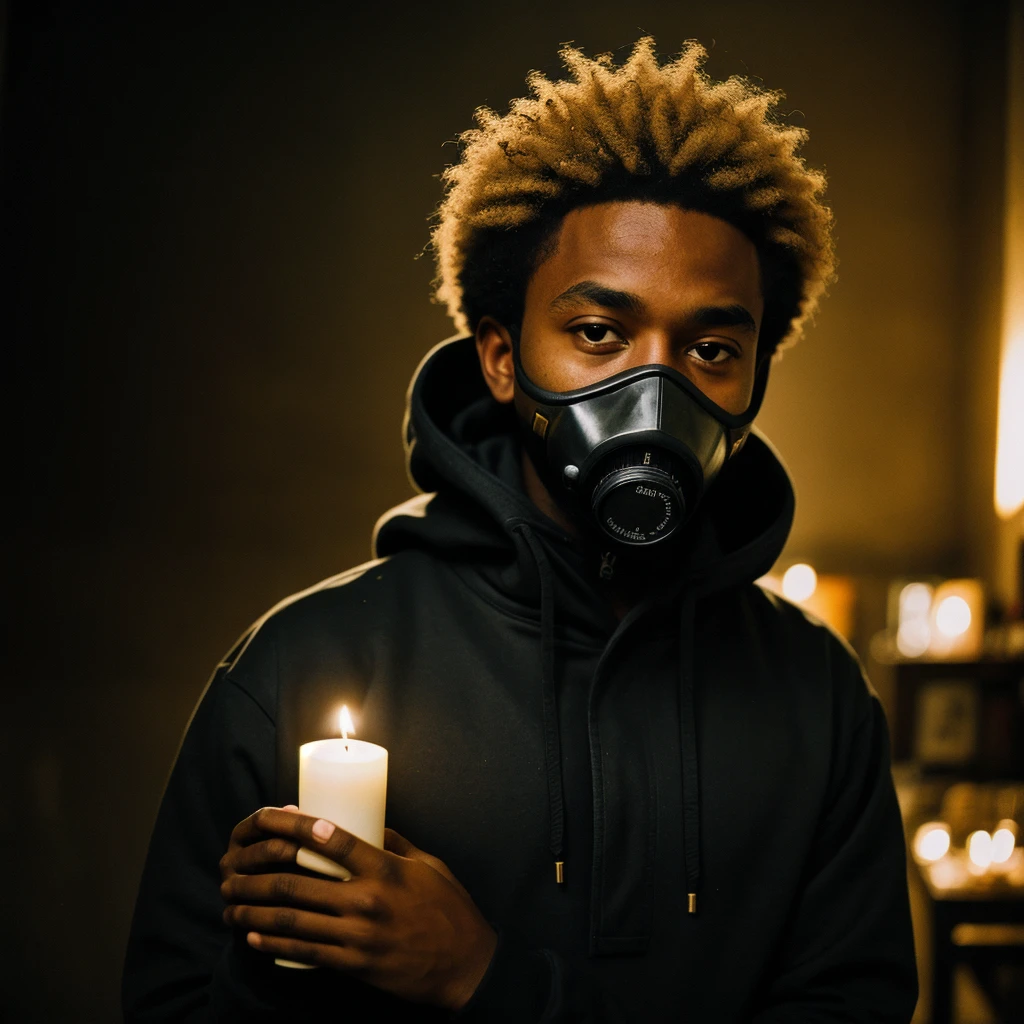 photograph of a black man with hoodie and gas mask (troubled facial expression), textured skin, goosebumps, blonde afro hair, plaid flannel shirt with distressed boyfriend jeans, cowboy shot, dark and mysterious city at night and hidden wonders, perfect eyes, (candlelight,chiaroscuro), Porta 160 color, shot on ARRI ALEXA 65, bokeh, sharp focus on subject, shot by Don McCullin