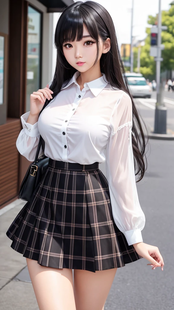 Detailed face、highlight、Asian Girl、thigh、breast enhancement、Bodyline、Black Hair、Heavy bangs、Checkered Skirt、A fitted white blouse、