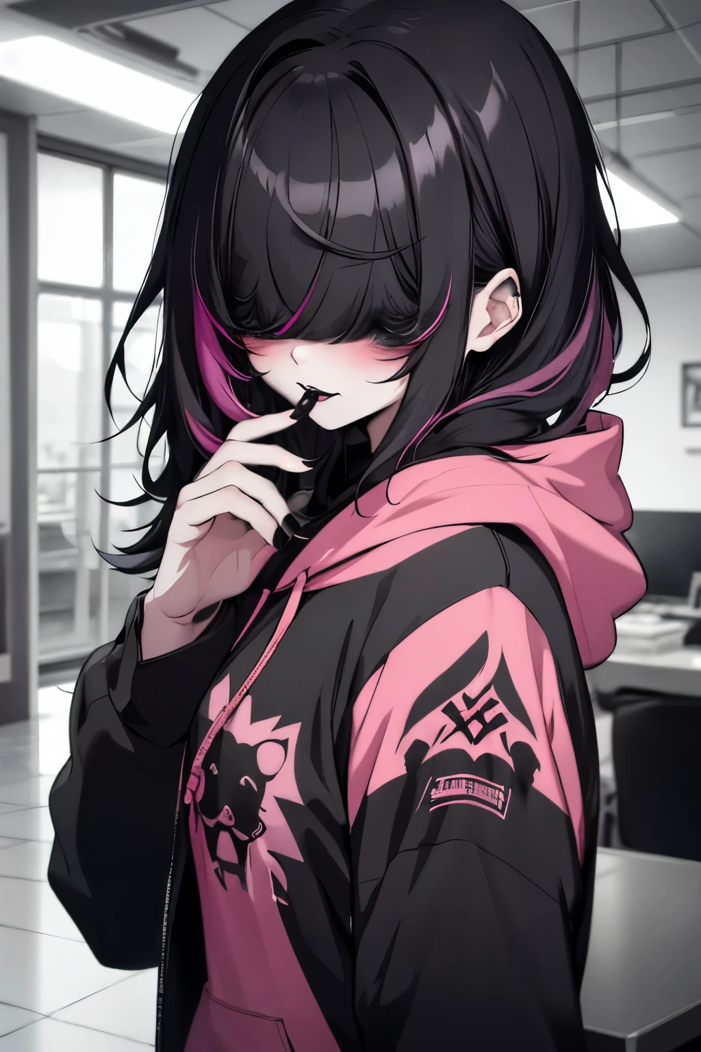 masterpiece, upper body, indoors,  1girl, solo, goth,  goth makeup, smoky eyes, eyeshadow, eyeliner, black lips, black lipstick, black hair, hair over eyes, indoors, pink colored hoodie, blush, blushing, 