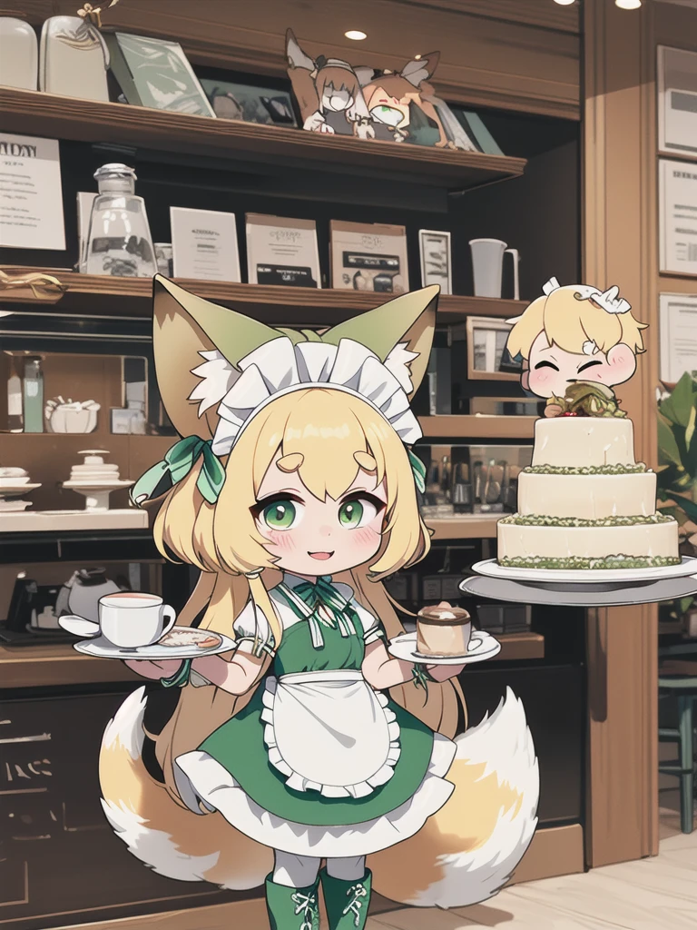 Highest quality, masterpiece,1 Girl,alone,Yellow round eyebrows,Blonde Hair, Big fox ears,Big fox tail, ((Very long green eyes)),Shining eyes,((Green maid apron)),((White ruffle skirt)),Small breasts,indoor,Coffee shop,have_Silver round tray,Green round dish on a tray,10 years old,White pantyhose,Green boa boots,((Chibi)),smile,Close your mouth,
