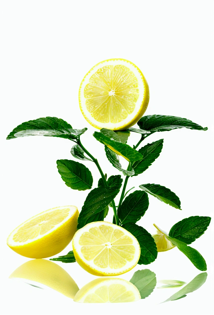 Lemon water splash isolated on a white transparent background, png. Lemon fruit slice, leaves and water splash. background water wave, citrus piece and mint foliage flying