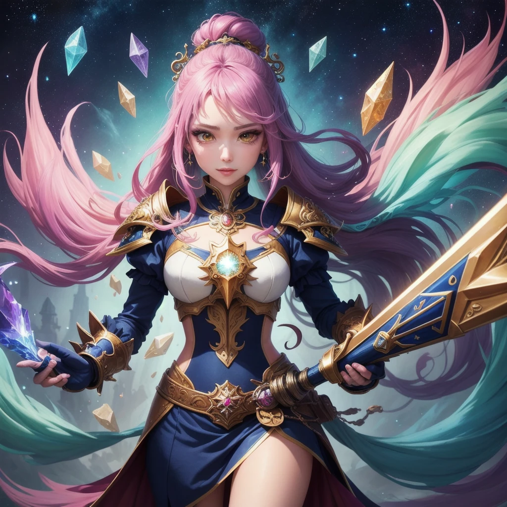 "Illustrate a vibrant anime character with long, flowing hair in bright, eye-catching colors, wearing a detailed, magical girl-inspired outfit with armor elements. The character should have a confident and playful expression, holding a large, ornate weapon that combines technology and magic. The background should be whimsical and colorful, featuring fantastical elements such as floating crystals, magical particles, or a starry sky. The art style should be highly detailed and lively, capturing the essence of a magical, fantasy world."