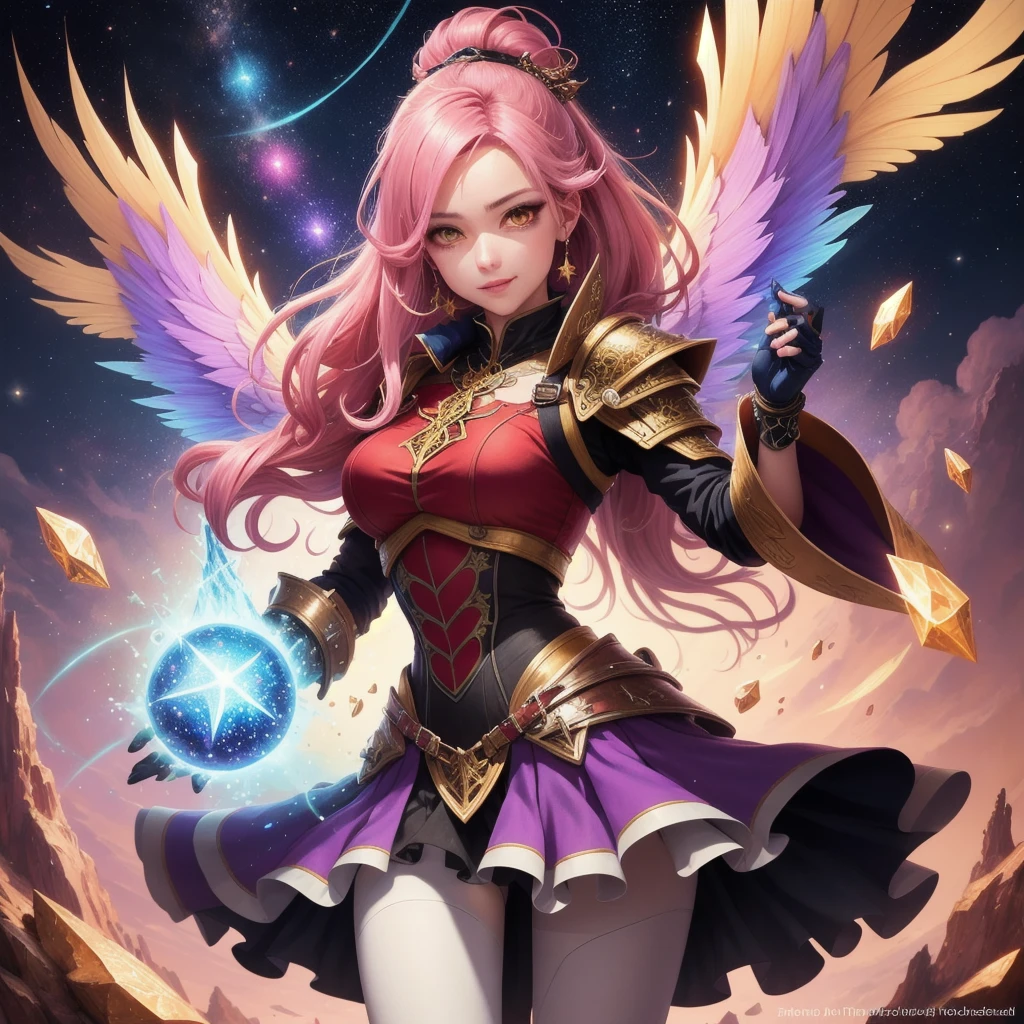 "Illustrate a vibrant anime character with long, flowing hair in bright, eye-catching colors, wearing a detailed, magical girl-inspired outfit with armor elements. The character should have a confident and playful expression, holding a large, ornate weapon that combines technology and magic. The background should be whimsical and colorful, featuring fantastical elements such as floating crystals, magical particles, or a starry sky. The art style should be highly detailed and lively, capturing the essence of a magical, fantasy world."