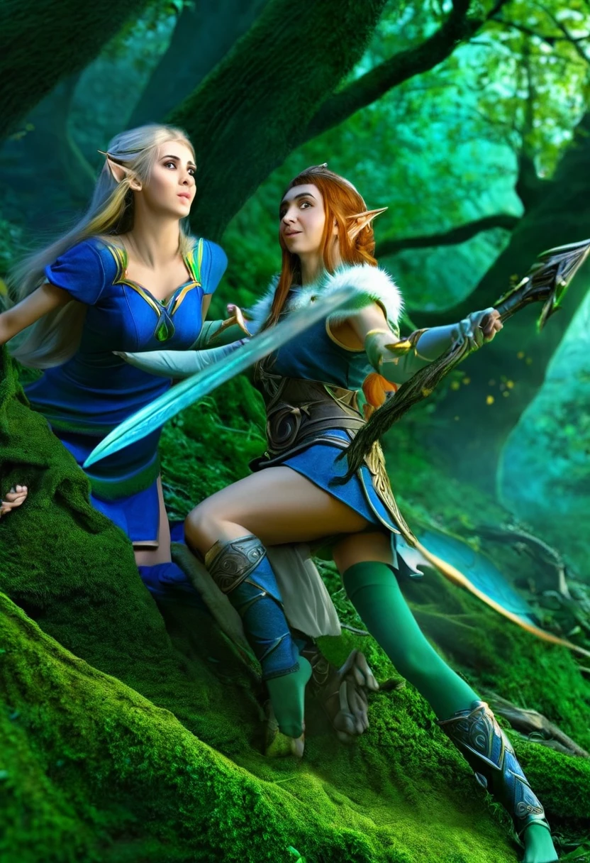 warrior girl that is posing proudly while she looks an elf boy at the forest surprising that elf boy that falls to the ground cause the impression, dynamic composition, masterpiece, digital art