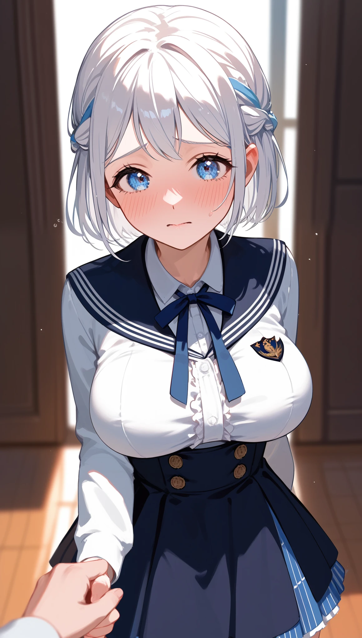 16k,1girl, katsuragi lilja,blue eyes,white hair,short hair,braid,,sailor collar,neck ribbon, white shirt,layered skirt,high-waist skirt,pov,looking view,blush,embarrassed,(((big breast))),((Big Tits)),Open-chested cleavege,breast focus,NSFW,beautiful face,beautiful eyes,details eyes