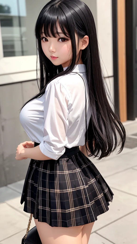 Detailed face、highlight、Asian Girl、thigh、breast enhancement、Bodyline、Black Hair、Heavy bangs、Checkered Skirt、Tight white blouse、