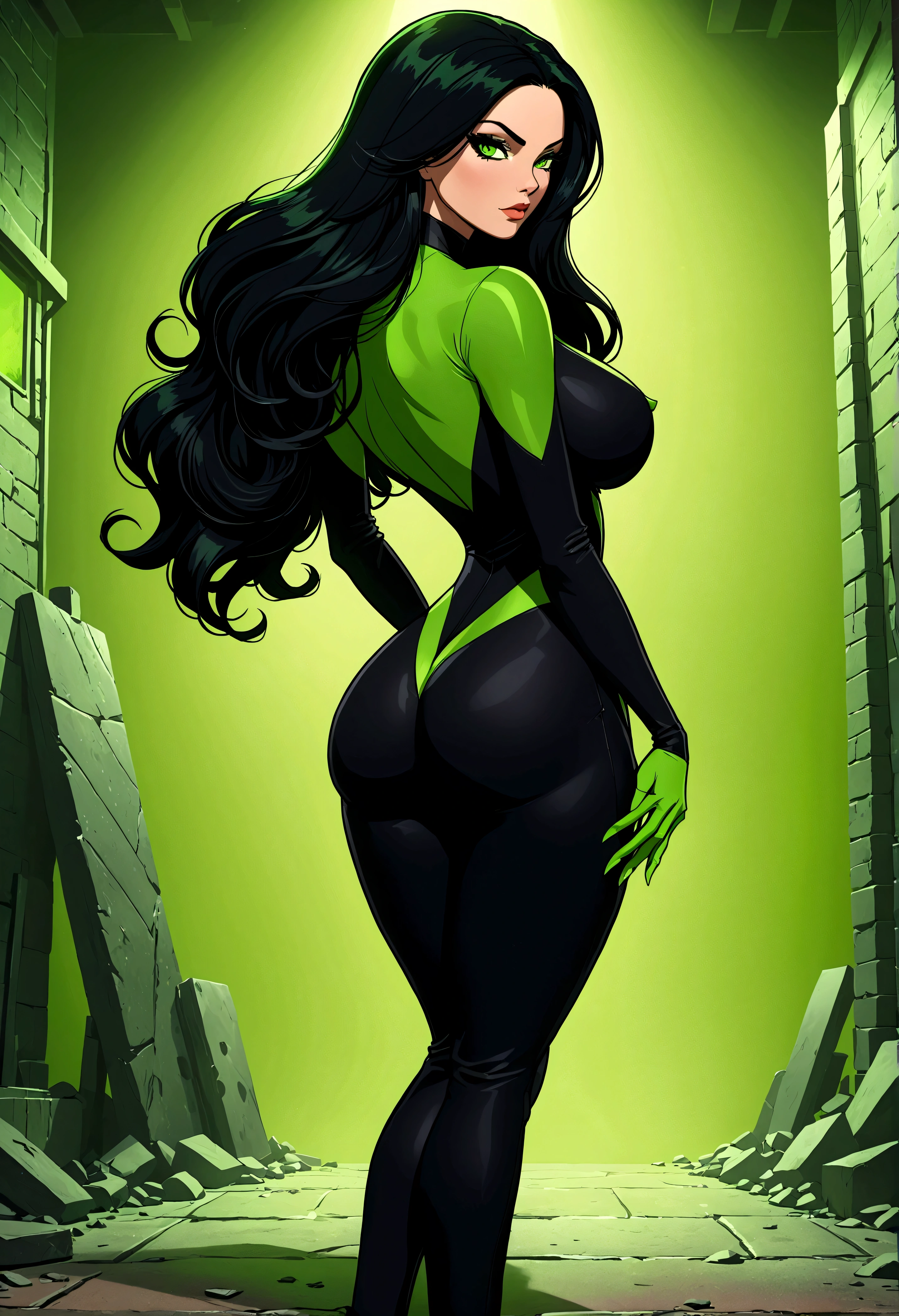 Shego, long black hair, green eyes, makeup, black eyeshadow, mascara, bodysuit, big ass, big breast, backside, full height