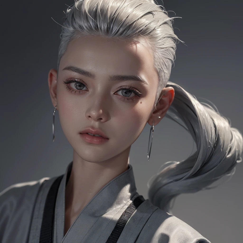 a 20 yo woman, Silver Hair, (hi-top fade:1.3), dark theme, soothing tones, muted colors, high contrast, (natural skin texture, hyperrealism, soft light, sharp)Facing forward,Wearing a kimono