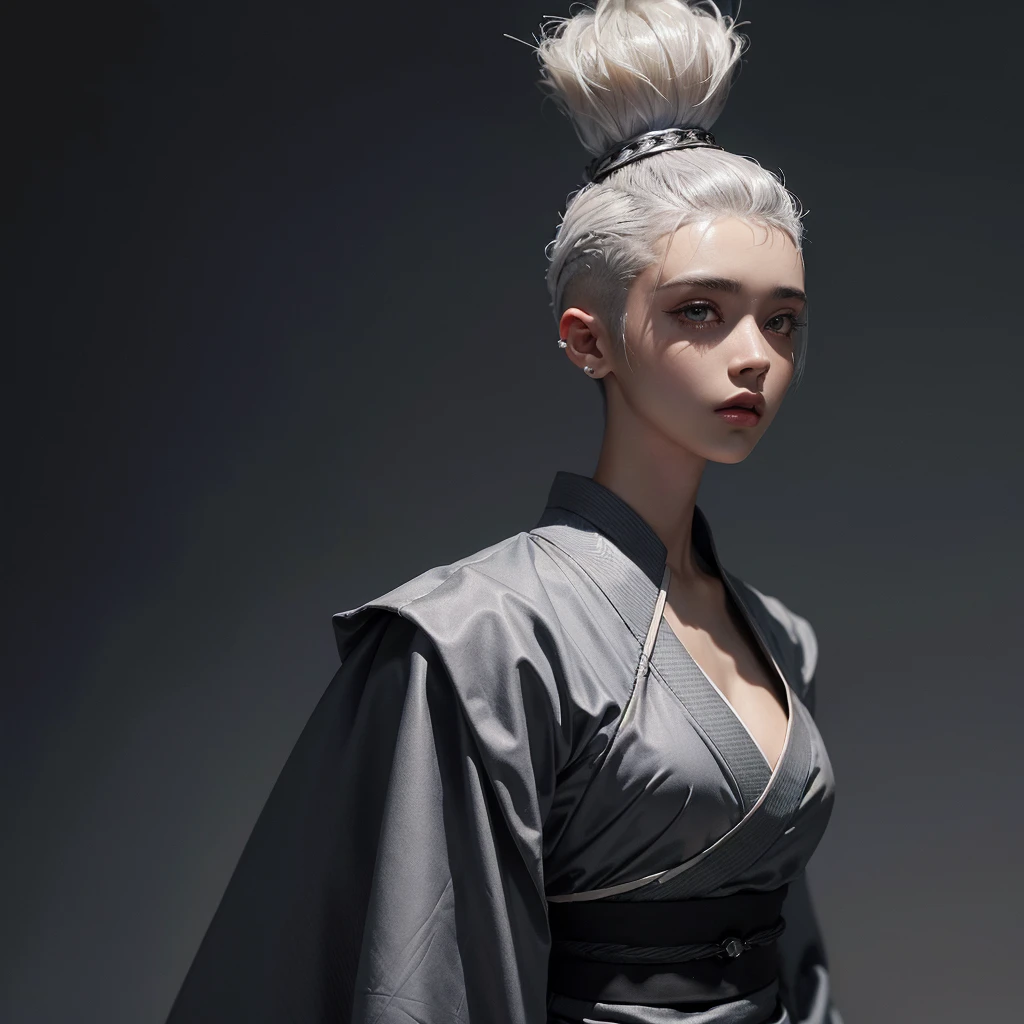 a 20 yo woman, Silver Hair, (hi-top fade:1.3), dark theme, soothing tones, muted colors, high contrast, (natural skin texture, hyperrealism, soft light, sharp)Facing forward,Wearing a kimono