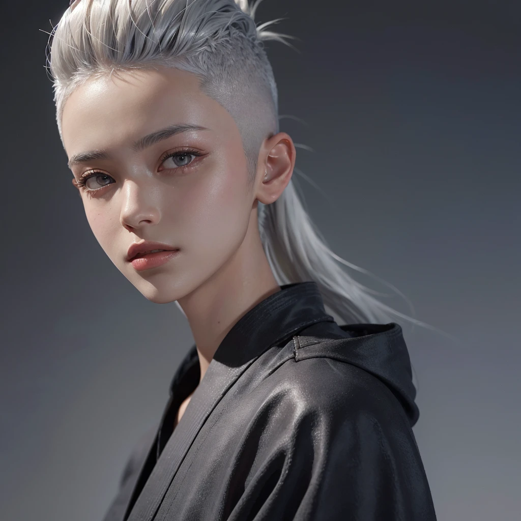 a 20 yo woman, Silver Hair, (hi-top fade:1.3), dark theme, soothing tones, muted colors, high contrast, (natural skin texture, hyperrealism, soft light, sharp)Facing forward,Wearing a kimono
