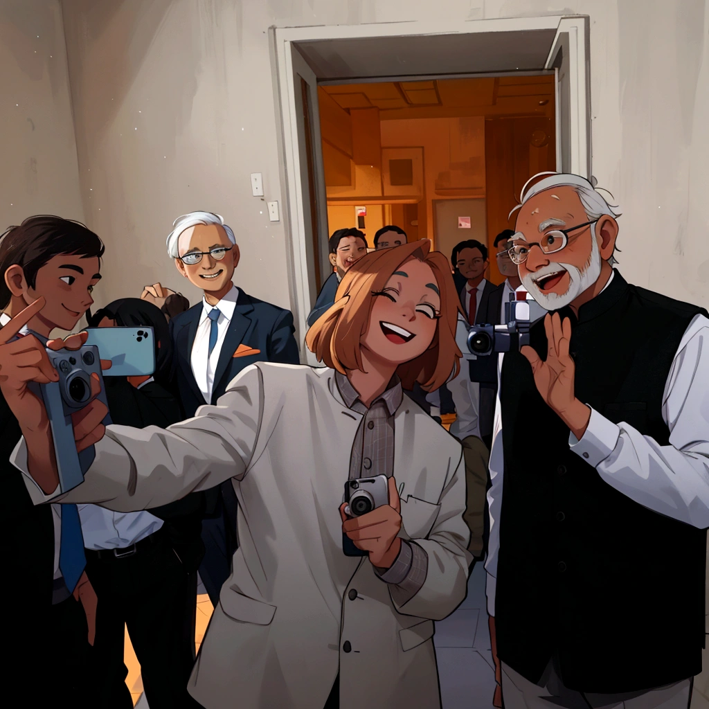Narendra Modi and woman taking a selfie with a camera, very expressive, very very happy!, very very happy, very happy, untitled, by Sam Dillemans, while smiling for a photograph, welcoming grin, the last selfie ever taken, by Emanuel Witz, by Matthias Stom, by Heinz Edelman, very excited, by Federico Zuccari, by Mario Bardi