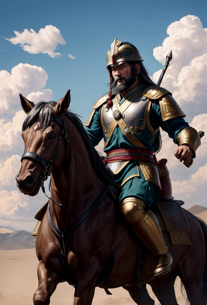There are many people in helmets and uniforms on the scene, detailed shoot, Detailed cinematic rendering, 4K post, 4K post, Still in live action movies, movie stills 8k, still in fantasy movies, Genghis Khan, Sergey Javelin, shoot!, 8K movie stills, Guan Yu, Zhaoyun