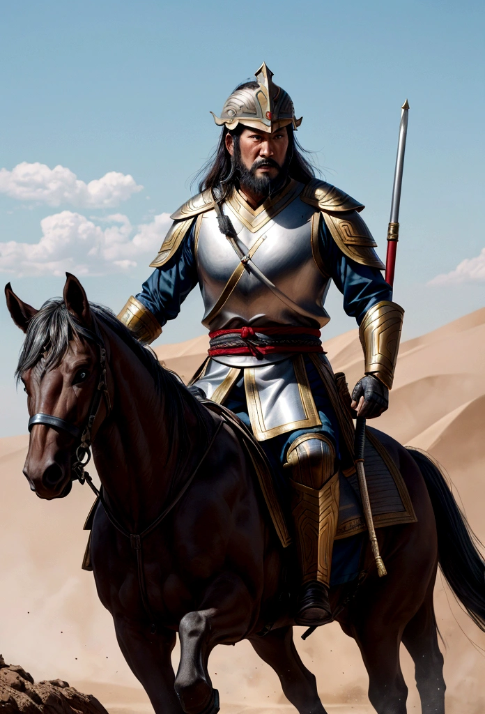 There are many people in helmets and uniforms on the scene, detailed shoot, Detailed cinematic rendering, 4K post, 4K post, Still in live action movies, movie stills 8k, still in fantasy movies, Genghis Khan, Sergey Javelin, shoot!, 8K movie stills, Guan Yu, Zhaoyun