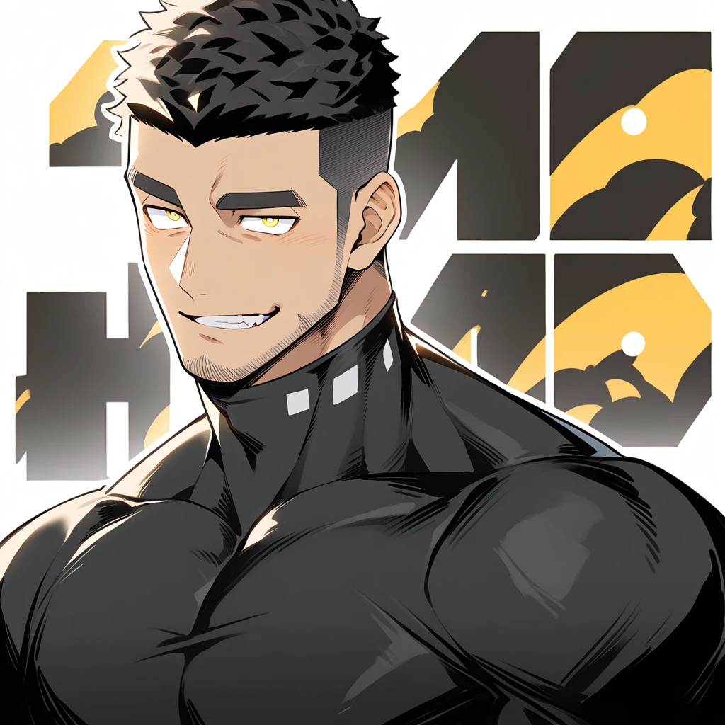 one negro, anime characters：Gyee, Hibino Kafka, One Muscle Sports Student, negro black skin, Very Black, muscular tough guy, Manliness, male focus, Grey long sleeve turtleneck tight t-shirt, Regular symmetrical pattern, Very tight, muscular male, muscular, only, Upper body, alone, Black short hair, Thick eyebrows, stubble, Yellow eyes, White background, simple background, amazing quality, best aesthetics, Ridiculous, bright pupils, crew cut, parted lips, seductive smile, torogao, naughty face, best quality