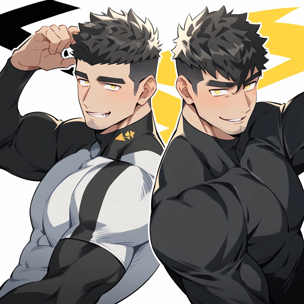 one negro, anime characters:Gyee, Hibino Kafka, One Muscle Sports Student, negro black skin, Very Black, muscular tough guy, Manliness, male focus, Grey long sleeve turtleneck tight t-shirt, Regular symmetrical pattern, Very tight, muscular male, muscular, only, Upper body, alone, Black short hair, Thick eyebrows, stubble, Yellow eyes, White background, simple background, amazing quality, best aesthetics, Ridiculous, bright pupils, crew cut, parted lips, seductive smile, torogao, naughty face, best quality