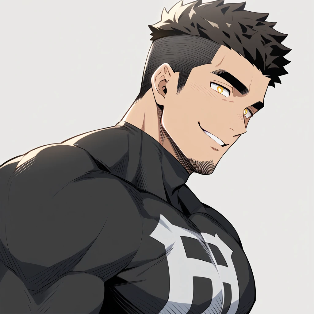 one negro, anime characters：Gyee, Hibino Kafka, One Muscle Sports Student, ????? black skin, Very Black, muscular tough guy, Manliness, male focus, Grey long sleeve turtleneck tight t-shirt, Regular symmetrical pattern, Very tight, muscular male, muscular, only, Upper body, alone, Black short hair, Thick eyebrows, stubble, Yellow eyes, White background, simple background, amazing quality, best aesthetics, Ridiculous, bright pupils, crew cut, parted lips, seductive smile, torogao, naughty face, best quality
