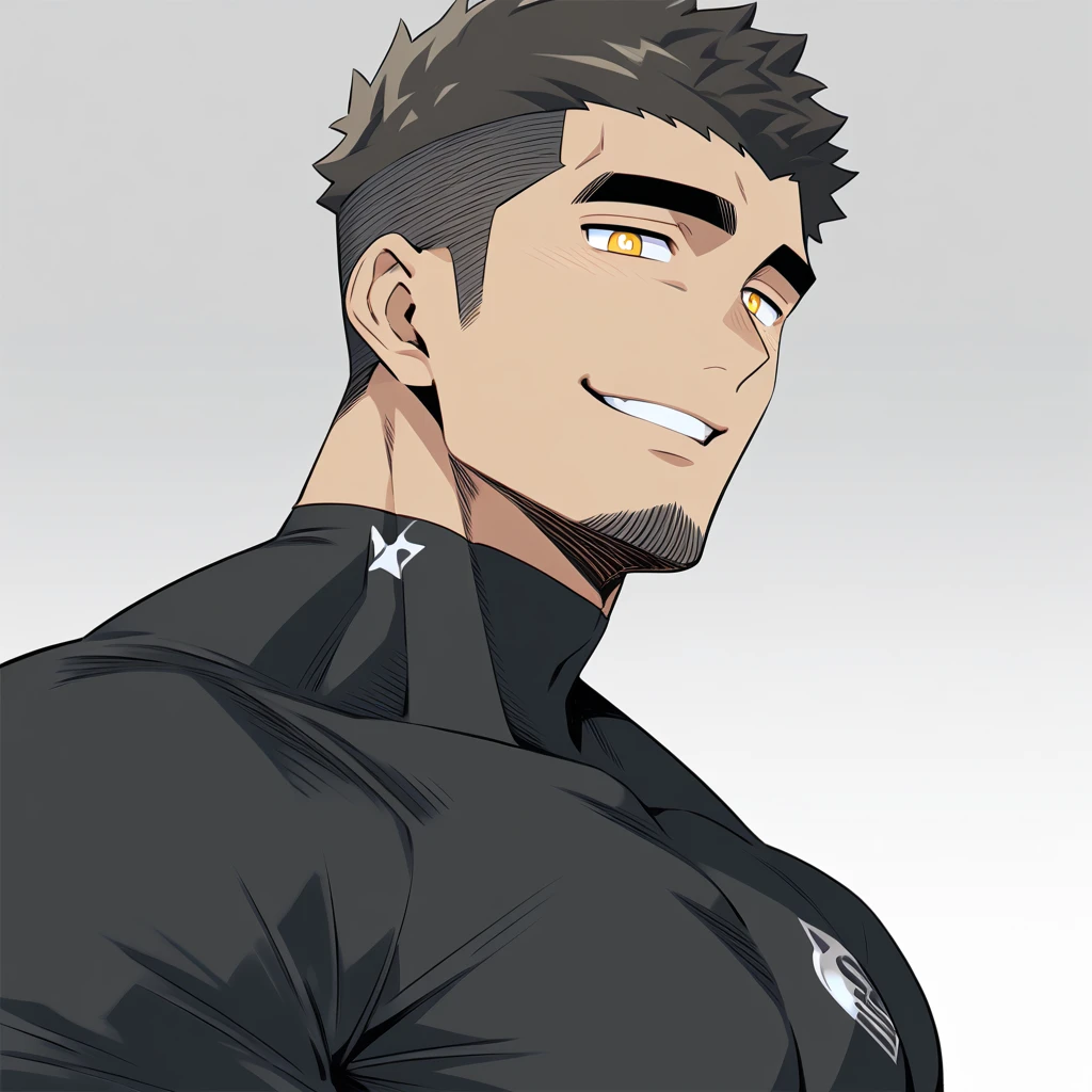 one negro, anime characters:Gyee, Hibino Kafka, One Muscle Sports Student, negro black skin, Very Black, muscular tough guy, Manliness, male focus, Grey long sleeve turtleneck tight t-shirt, Regular symmetrical pattern, Very tight, muscular male, muscular, only, Upper body, alone, Black short hair, Thick eyebrows, stubble, Yellow eyes, White background, simple background, amazing quality, best aesthetics, Ridiculous, bright pupils, crew cut, parted lips, seductive smile, torogao, naughty face, best quality