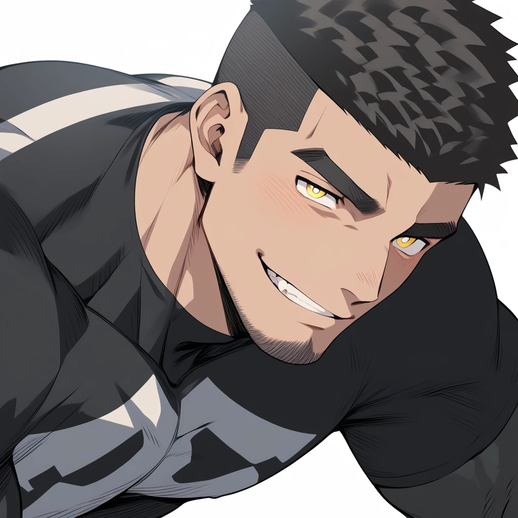 one negro, anime characters:Gyee, Hibino Kafka, One Muscle Sports Student, negro black skin, Very Black, muscular tough guy, Manliness, male focus, Grey long sleeve turtleneck tight t-shirt, Regular symmetrical pattern, Very tight, muscular male, muscular, only, Upper body, alone, Black short hair, Thick eyebrows, stubble, Yellow eyes, White background, simple background, amazing quality, best aesthetics, Ridiculous, bright pupils, crew cut, parted lips, seductive smile, torogao, naughty face, best quality