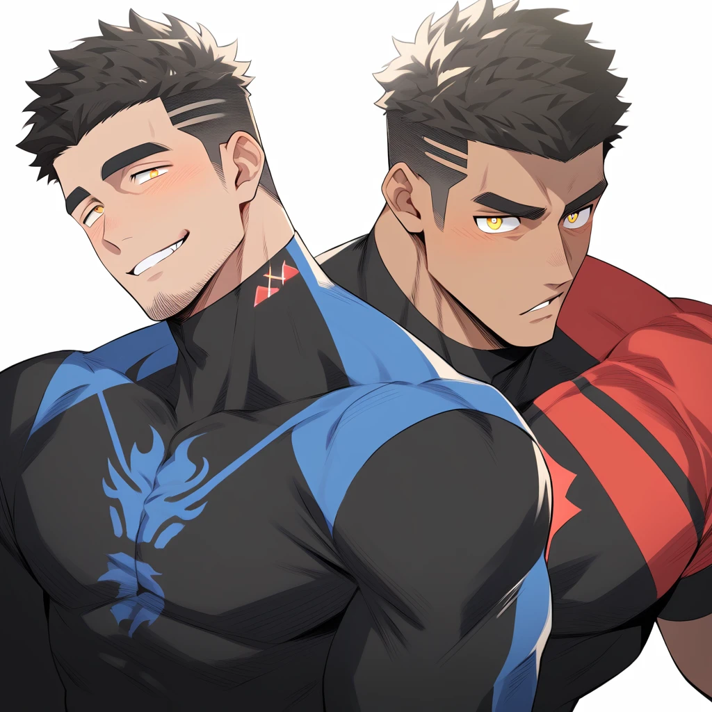 one negro, anime characters:Gyee, Hibino Kafka, One Muscle Sports Student, negro black skin, Very Black, muscular tough guy, Manliness, male focus, Grey long sleeve turtleneck tight t-shirt, Regular symmetrical pattern, Very tight, muscular male, muscular, only, Upper body, alone, Black short hair, Thick eyebrows, stubble, Yellow eyes, White background, simple background, amazing quality, best aesthetics, Ridiculous, bright pupils, crew cut, parted lips, seductive smile, torogao, naughty face, best quality