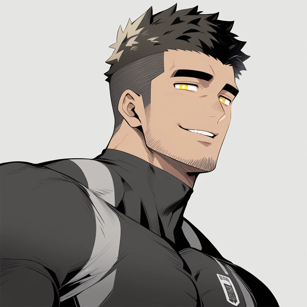 one negro, anime characters:Gyee, Hibino Kafka, One Muscle Sports Student, negro black skin, Very Black, muscular tough guy, Manliness, male focus, Grey long sleeve turtleneck tight t-shirt, Regular symmetrical pattern, Very tight, muscular male, muscular, only, Upper body, alone, Black short hair, Thick eyebrows, stubble, Yellow eyes, White background, simple background, amazing quality, best aesthetics, Ridiculous, bright pupils, crew cut, parted lips, seductive smile, torogao, naughty face, best quality