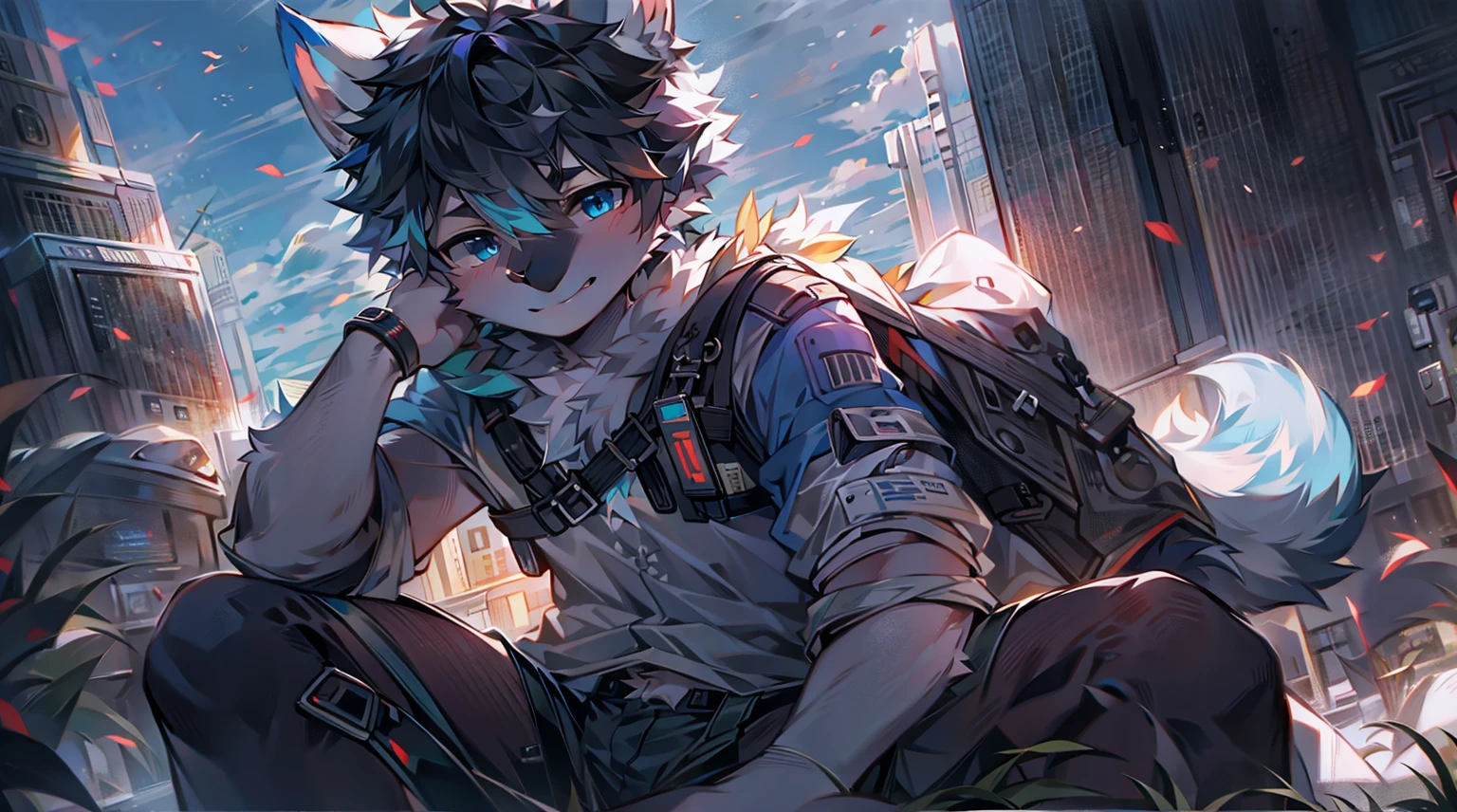 White Wolf，male，juvenile，black hair，hairy，Sky blue eyes，Wolf ears，Wolf Tail，resident Evil，Chemical protective clothing