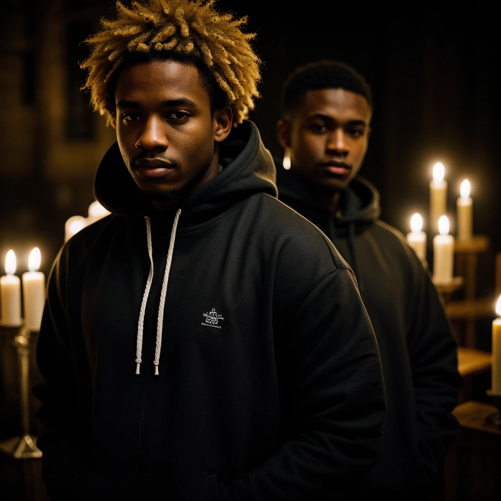 photograph of a black man with hoodie fully mask man troubled facial expression), textured skin, goosebumps, blonde afro hair, plaid flannel shirt with distressed boyfriend jeans, cowboy shot, dark and mysterious city at night and hidden wonders, perfect eyes, (candlelight,chiaroscuro), Porta 160 color, shot on ARRI ALEXA 65, bokeh, sharp focus on subject, shot by Don McCullin