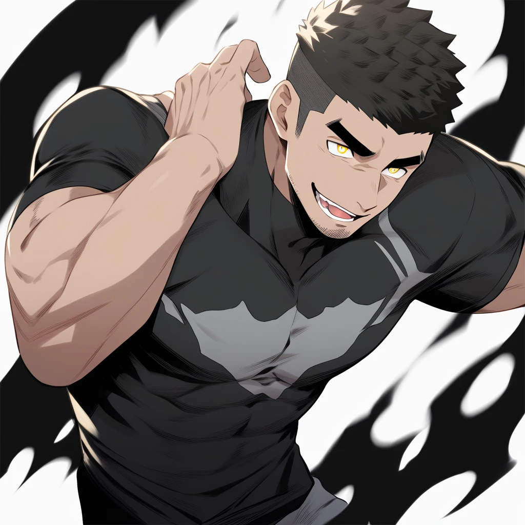 one negro, anime characters：Gyee, Hibino Kafka, One Muscle Sports Student, negro black skin, Very Black, muscular tough guy, Manliness, male focus, Grey long sleeve turtleneck tight t-shirt, Regular symmetrical pattern, Very tight, muscular male, muscular, only, Upper body, alone, Black short hair, Thick eyebrows, stubble, Yellow eyes, White background, simple background, amazing quality, best aesthetics, Ridiculous, bright pupils, crew cut, parted lips, seductive smile, torogao, naughty face, best quality