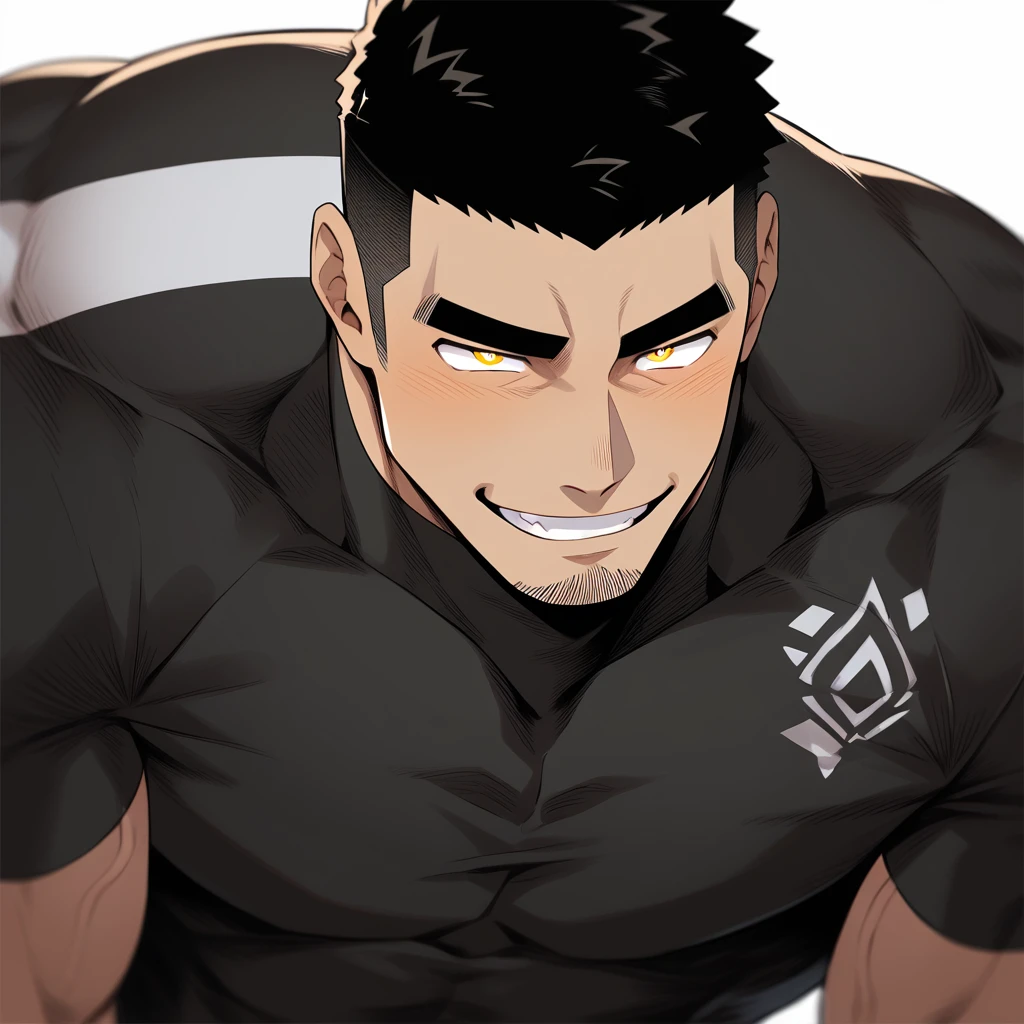 one negro, anime characters:Gyee, Hibino Kafka, One Muscle Sports Student, negro black skin, Very Black, muscular tough guy, Manliness, male focus, Grey long sleeve turtleneck tight t-shirt, Regular symmetrical pattern, Very tight, muscular male, muscular, only, Upper body, alone, Black short hair, Thick eyebrows, stubble, Yellow eyes, White background, simple background, amazing quality, best aesthetics, Ridiculous, bright pupils, crew cut, parted lips, seductive smile, torogao, naughty face, best quality