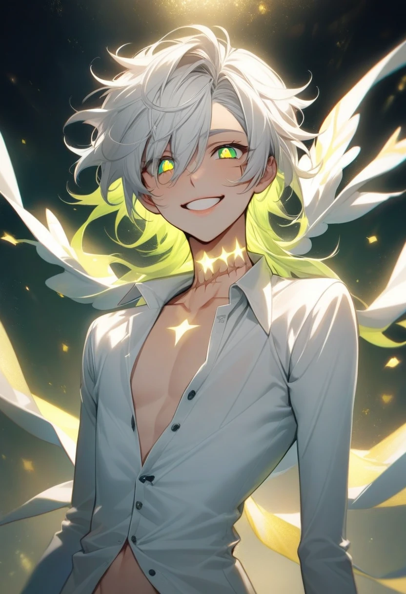 Angelic appearance, White Angelic Clothes, A very slightly unbuttoned white shirt, Star-shaped scars on the neck, The eyes are turquoise-green in color with yellow illumination and white pupils in the shape of a star, A small scar above the eye, Slightly unbuttoned shirt, Shining white hair reaches the jaw separates, becomes longer up to the coccyx, beautiful guy, skinny body, smile, cute lips, extremely beautiful guy smiling, angel aesthetic