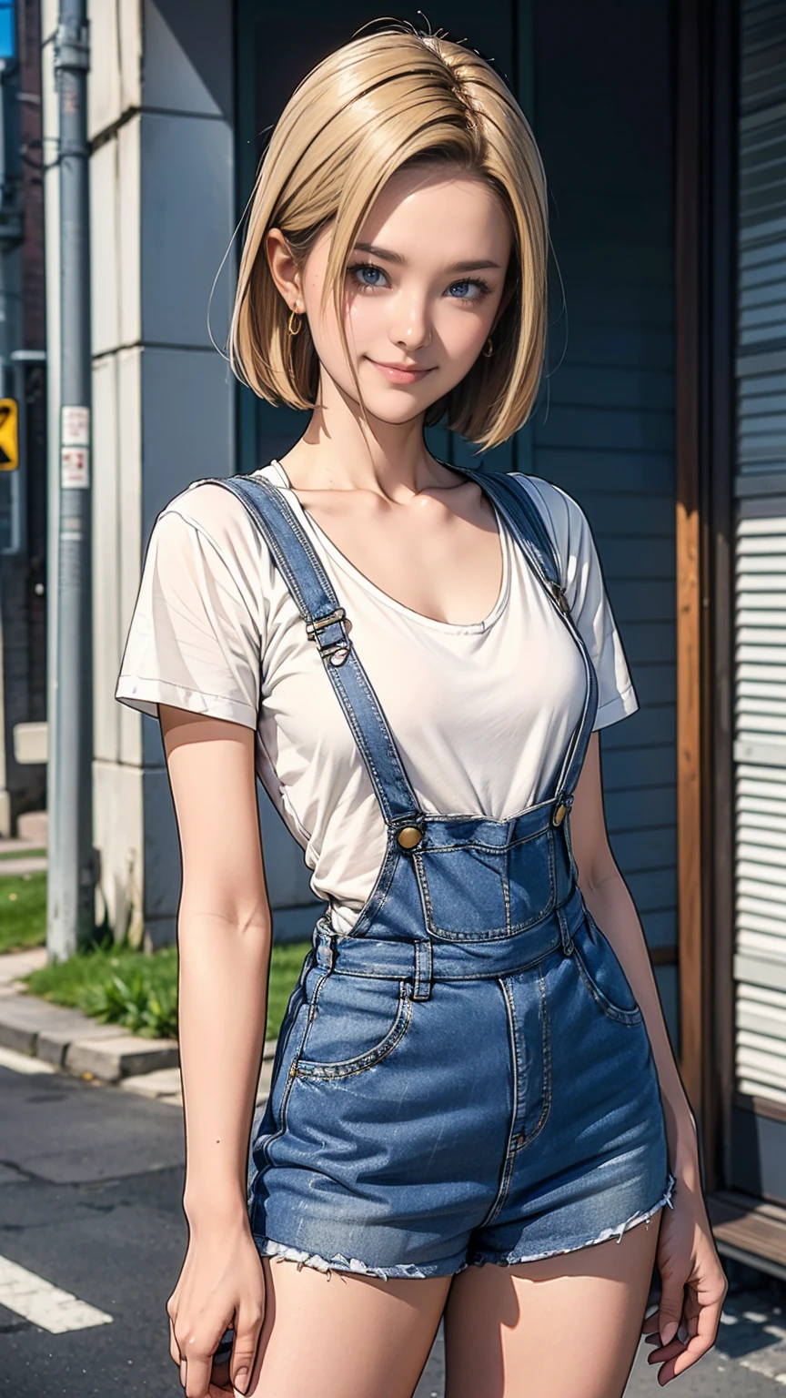 ((masterpiece)),(((Highest quality))),((Character design sheet)),Thin thighs,Long legs,Android 18, alone, Blonde, blue eyes, short hair, Cute smile,Earrings, jewelry, Medium Milk,Clean your hands, Wear denim fabric overalls, No shirt,Photo of slim girl model, Close-up body shot,street, (External dilated chest: 1.2)