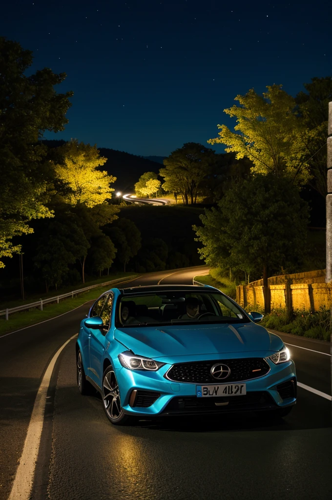A car driving on a beautiful road at night