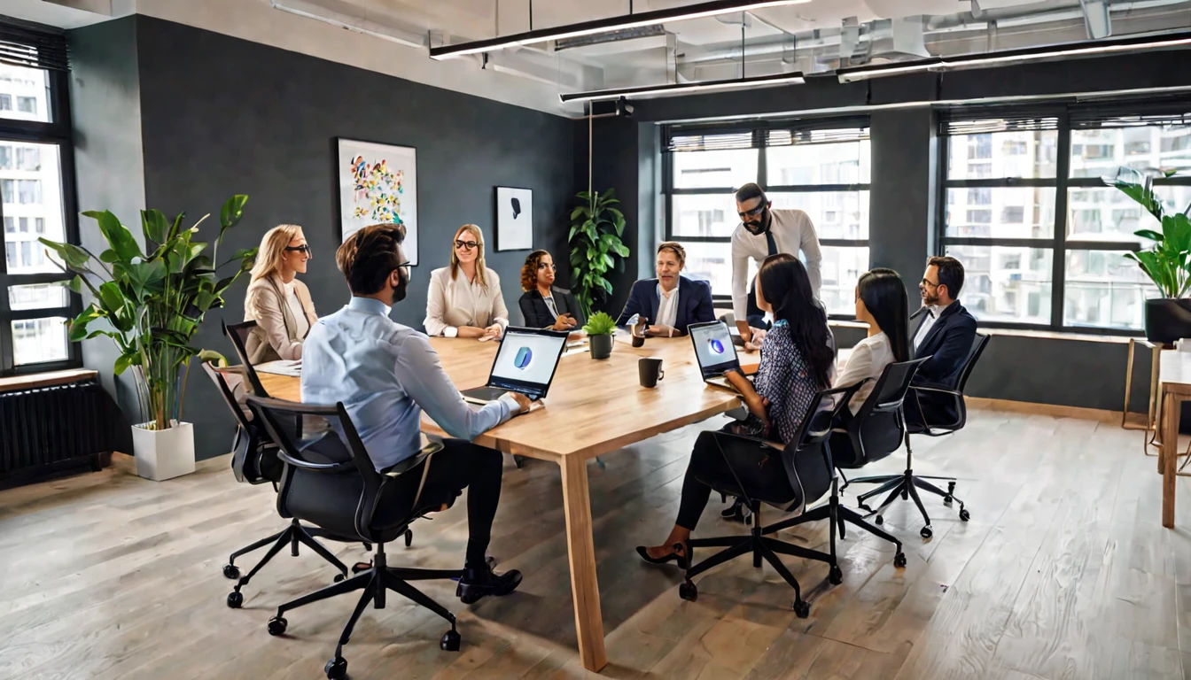A modern office with a diverse team in a meeting