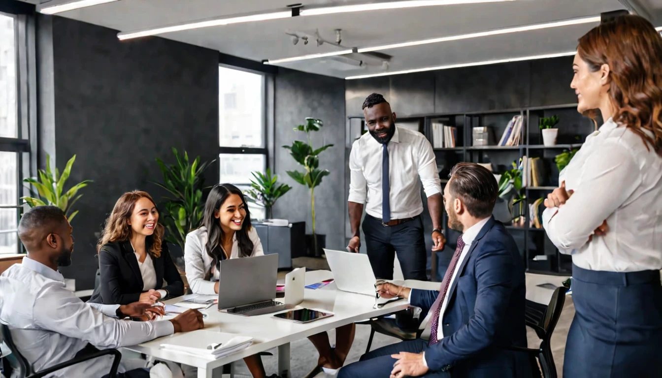 A modern office with a diverse team in a meeting