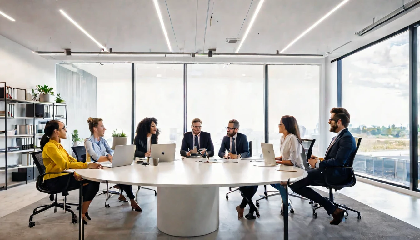 A modern office with a diverse team in a meeting