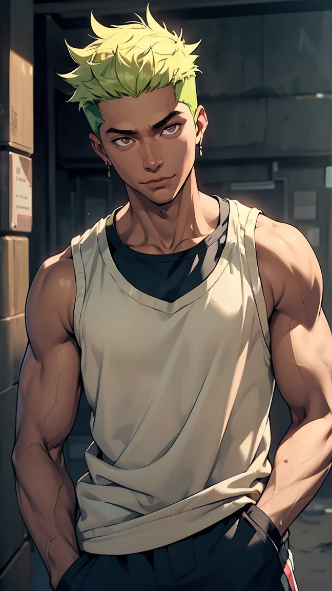 Highest quality, 8K, high resolution image, Jujutsu Kaisen anime style, dark skin, detailed strokes, blurred background, 1 man, young, golden brown eyes, strong look, meaningful eyes, muscular, muscular man, strong man, green Hair, short hair, cool guy, fashion designer guy, tank top, abs, fashion sweatpants, he wears black fashion sweatpants and a tank top. Hand in pocket, happy facial expression, confident smile, background, sand city, sand houses, pink desert flowers, sand road, houses, narrow river. he stands in a desert town through which a narrow river flows