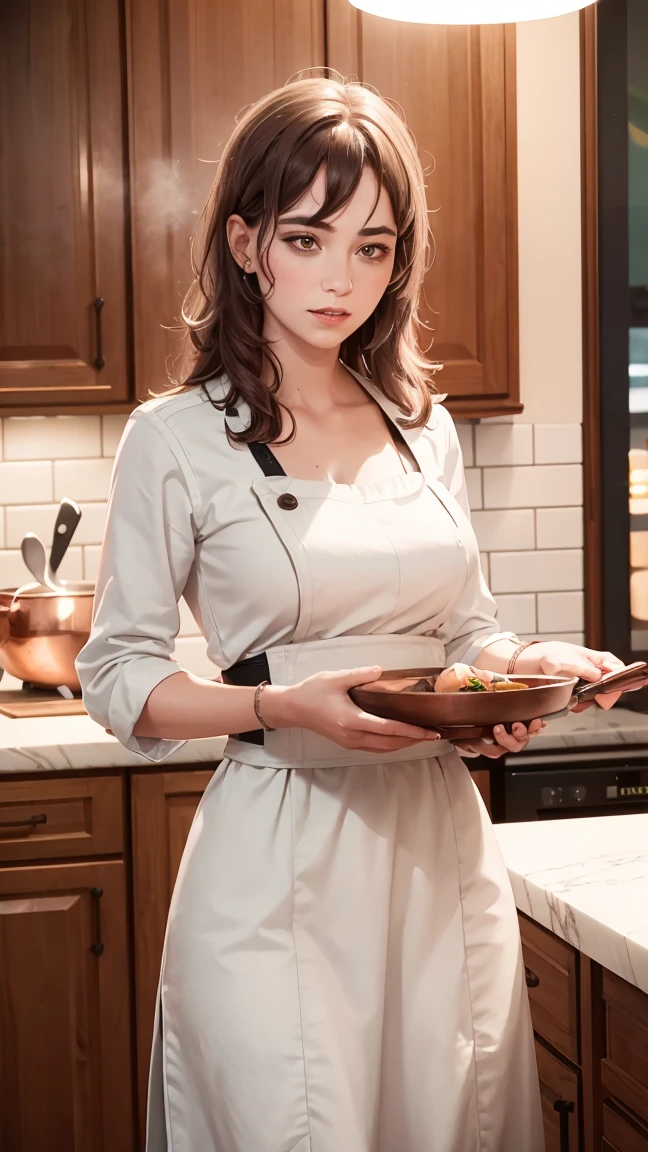 a woman chef wearing a white apron, extremely detailed face, beautiful detailed eyes, beautiful detailed lips, long eyelashes, warm lighting, high quality, 8k, photorealistic, intricate details, professional culinary artwork, realistic food preparation, kitchen environment, copper cookware, wooden countertops, elegant pose, natural expression