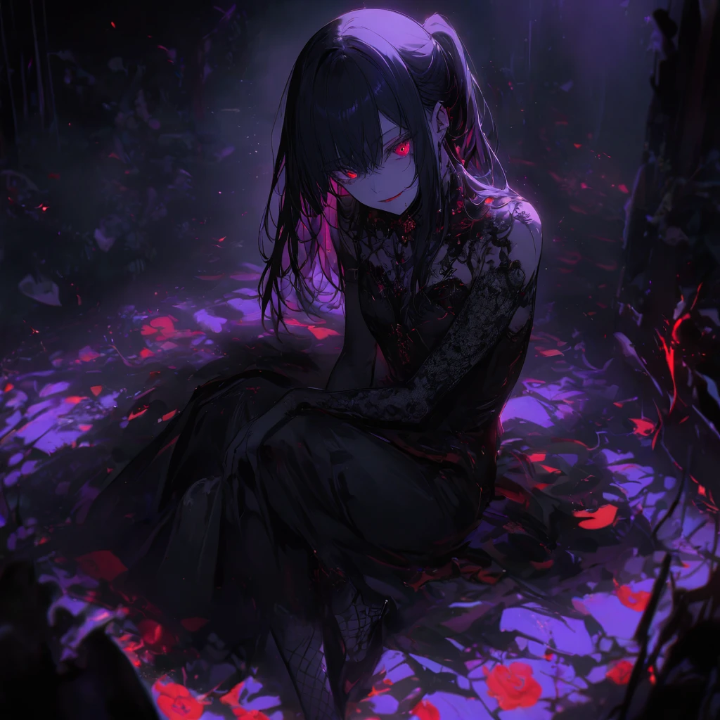 (dark atmosphere,gothic fashion,bright colors),(best quality,Super exquisite,),Sexy goth Vampire girl,In the rose garden at night,Beautiful and delicate eyes,Straight black ponytail with blue tips,Crow feathers,red lipstick,mysterious smile,Pale complexion,fishnet stockings,black dress,Pointed-toe bootysterious aura,The moonlight illuminates her elegant silhouette,Soft shadows and soft highlights,Contrasting colors create a vibrant atmosphere,dark and moody color palette,Subtle yet dramatic lighting effects,Sublime darkness intertwined with exquisite moonlight, She's tall and mature, red tone, beautiful pretty face, long hair