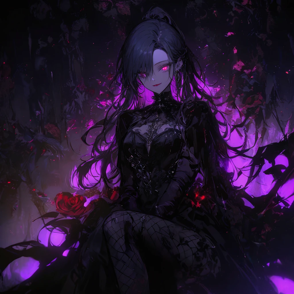 (dark atmosphere,gothic fashion,bright colors),(best quality,Super exquisite,),Sexy goth Vampire girl,In the rose garden at night,Beautiful and delicate eyes,Straight black ponytail with blue tips,Crow feathers,red lipstick,mysterious smile,Pale complexion,fishnet stockings,black dress,Pointed-toe bootysterious aura,The moonlight illuminates her elegant silhouette,Soft shadows and soft highlights,Contrasting colors create a vibrant atmosphere,dark and moody color palette,Subtle yet dramatic lighting effects,Sublime darkness intertwined with exquisite moonlight, She's tall and mature, red tone, beautiful pretty face, long hair